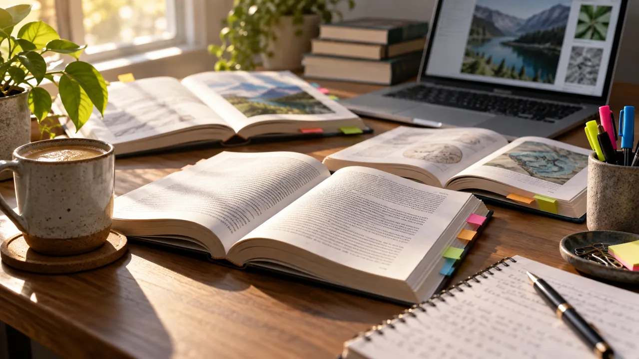 Книги и закладки на рабочем месте исследователя